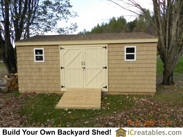 12x20 Large Backyard shed with ramp built in front of large double doors.