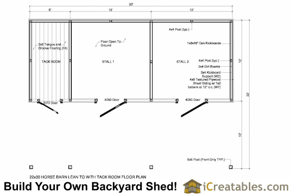 22x30 2 Stall Horse Barn with Tack Room and Lean to Breezeway Floor 