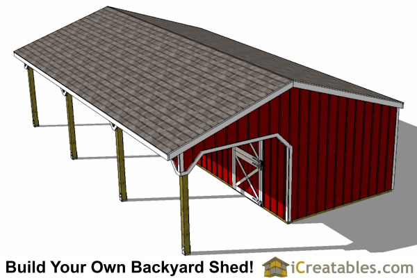 Building plans for a 22'x 36' horse barn with lean to breezway.