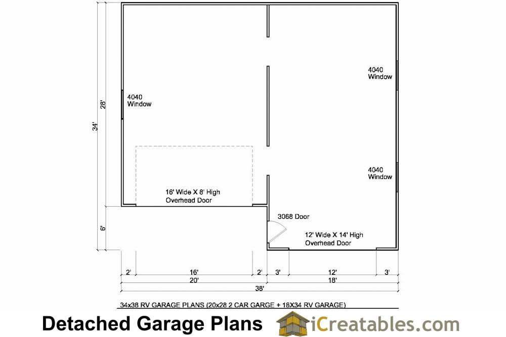 34x38 RV and Car Garage floor plan