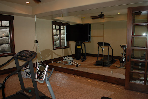 exercise room wood trim mirrors