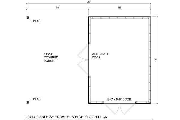 The 10x14 storage shed with porch plans include: