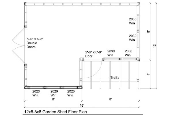 12x8-8x8 garden shed plans with trellis