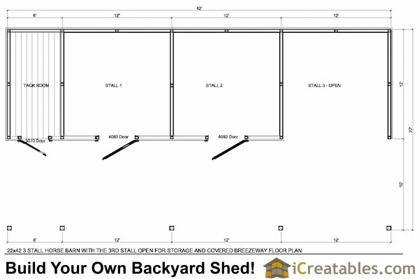 22x42 3 Stall Small Horse Barn with Breezway and Tack Room Plans I 