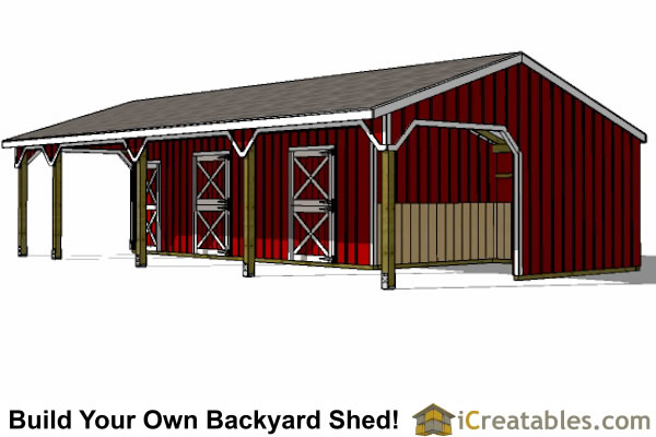 12x30 3 stall horse barn with covered storage